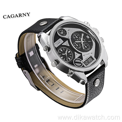 Cagarny Creative Man Watch Belt Dual Time Zone Large Dial Wristwatch Quartz 6822